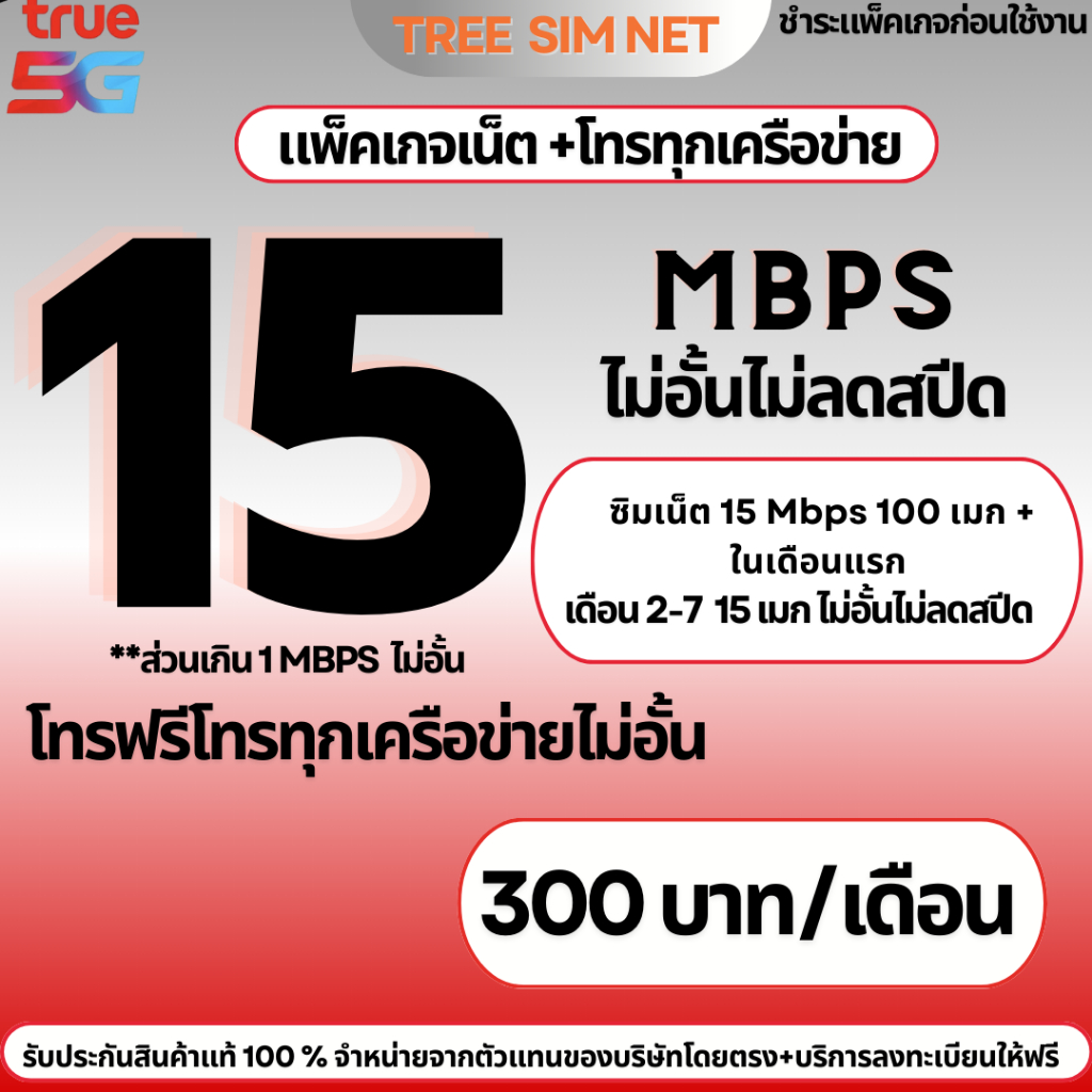 ซิมเทพทรูเน็ตไม่ลดสปีด 15 Mbps โทรฟรีทุกเครือข่าย(เดือนแรก 100GB + เดือน 2-715 Mbpsไม่อั้นไม่ลดสปีด)