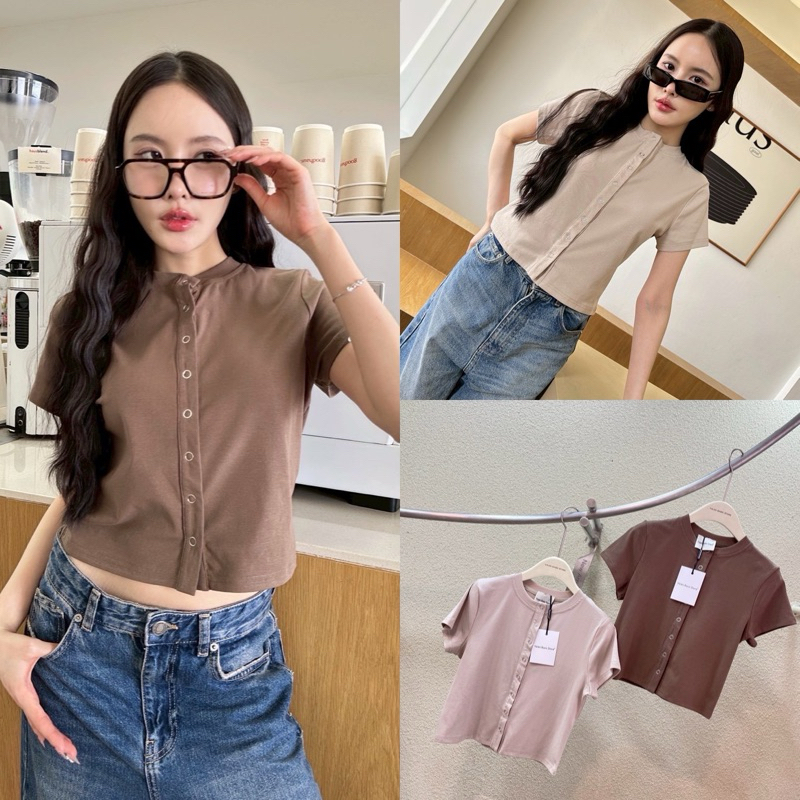Korea Valen Basic top 🔖🐰 เสื้อยืดผ้าทรงครอปแขนสั้น กระดุมหน้า เกาหลีสุด