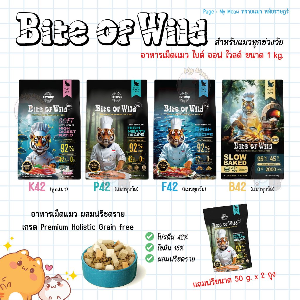 🔥 แถม 50 g. x 2 ห่อ 🔥 Bite of Wild 1 kg. อาหารเม็ดแมว ผสมฟรีซดราย เกรดพรีเมี่ยม Holistic Grain Free