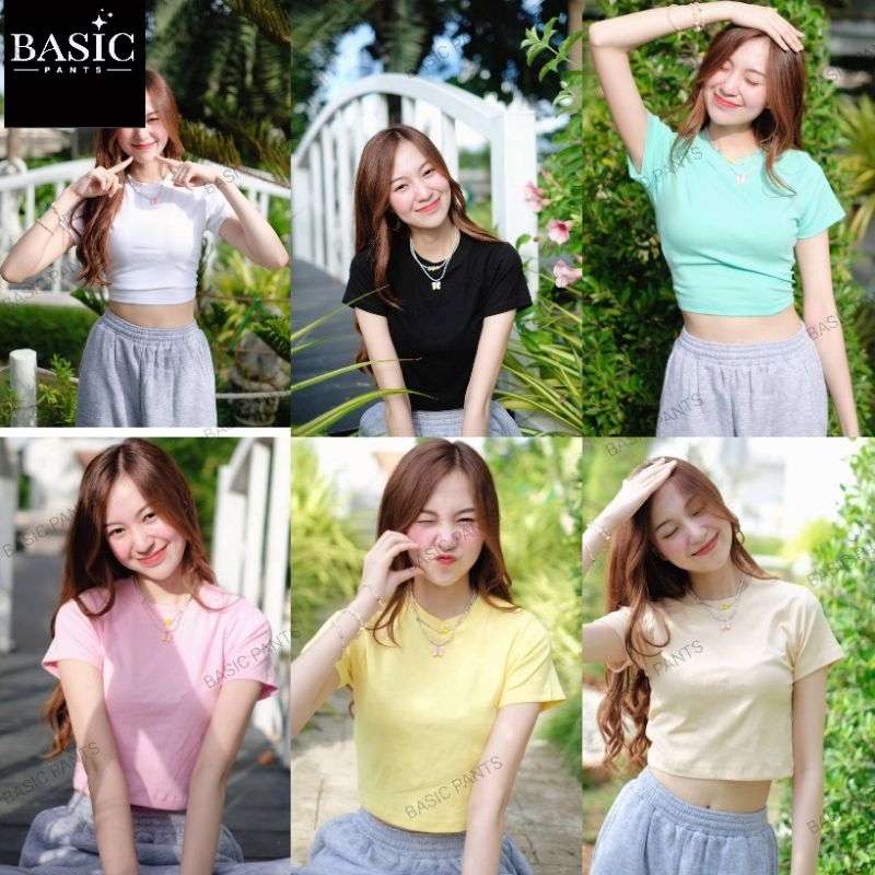 เสื้อครอปคอกลมผ้ายูนิ อก28-35 ยาว15 นิ้ว