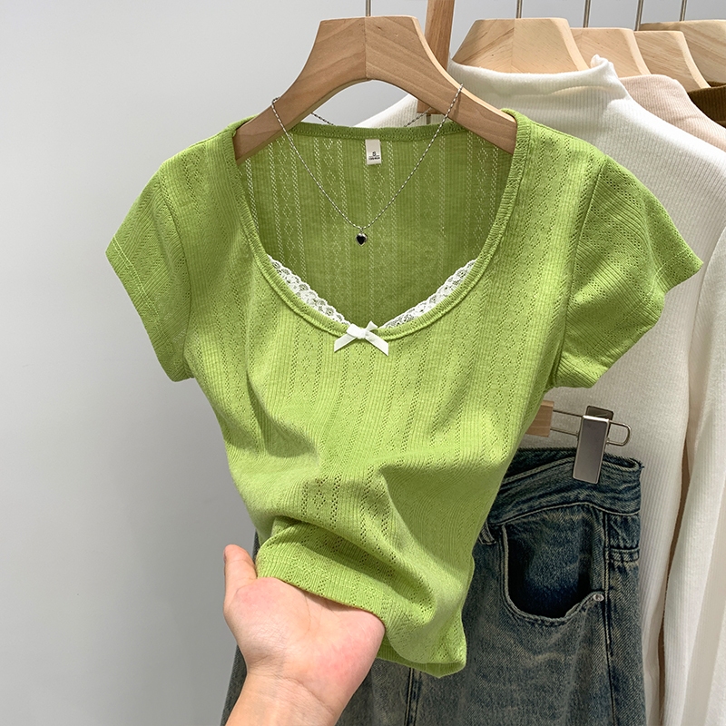 Y6Y - ขอบลูกไม้โบว์ เสื้อยืดคอเหลี่ยมแขนสั้น - เสื้อครอปแฟชั่นผู้หญิงเซ็กซี่สไตล์ฤดูร้อนใหม่ - เสื้อยืดรัดรูป