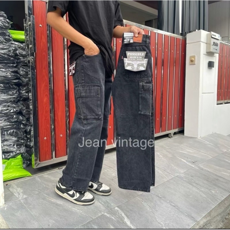 กางเกงยีนส์คาร์โก้กระบอกใหญ่6กระเป๋าและ8กระเป๋าป้ายPOSSIBLE(หนังแท้)