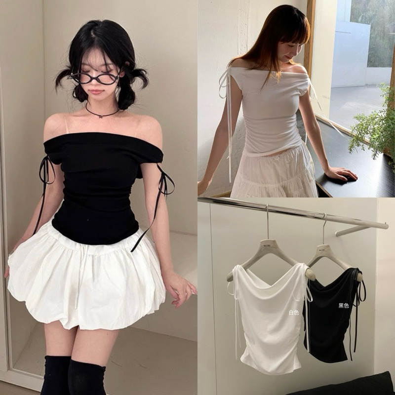 พร้อมส่ง 🛵 WG.WE 5290 เสื้อปาดไหล่ ดีเทลแต่งโบว์ที่ไหล่ แมทซ์ง่าย