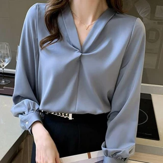 K604 🧸 เสื้อเชิ้ตสาวอวบ รอบอก60++ คอวี แขนยาว เรียบหรู ดูแพง สไตล์ลูกคุณหนูไฮโซ 🧸