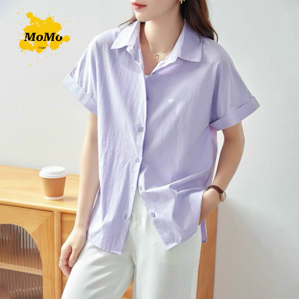 เสื้อเชิ้ตแขนพับ สีพาสเทล Oversize เสื้อผู้หญิง แฟชั่น เสื้อเชิ้ตแขนสั้น หลวมสบายๆ #081