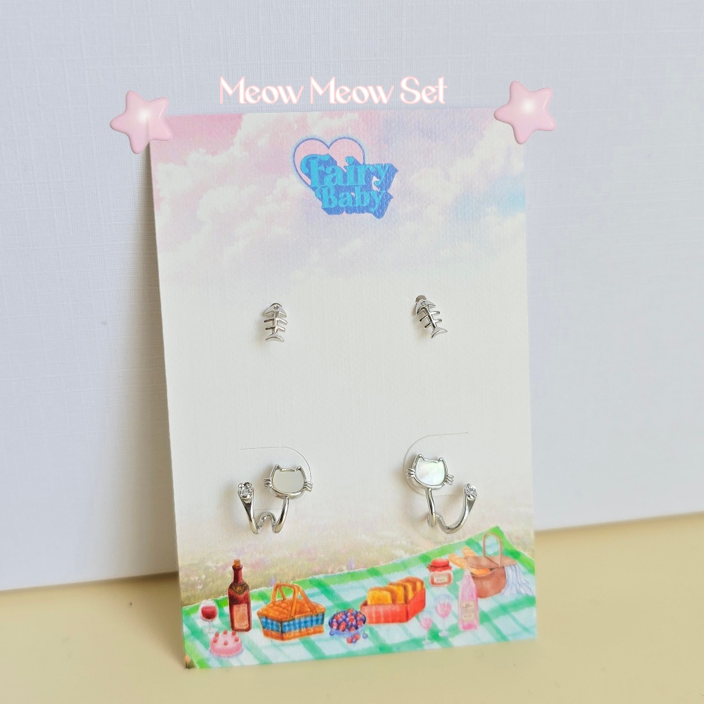 Fairybaby ต่างหู Meow Meow Set (4 ชิ้น/ 2 คู่) เซทต่างหูแมวน้อย ตุ้มหูน่ารัก (E3-017) - รูปที่ 2