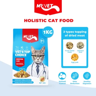 🔥 แถม 50 g. * 2 ซอง 🔥 Mr. VET 1 kg. อาหารแมว Holistic ผสมฟรีซดราย สำหรับแมวทุกวัย ไก่ แซลมอน บำรุงขน