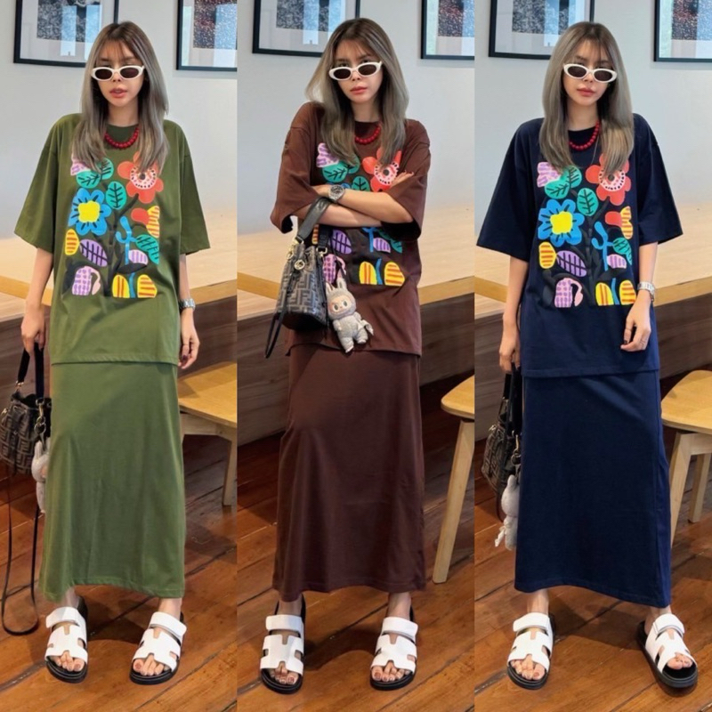 Yunaka ชุดเซ็ต 2 ชิ้น เซทเสื้อยืดแขนสั้น อก 48-60” Oversize Style Skirt set กระโปรงทรงเอ เอวยางยืด เอว 24-40”