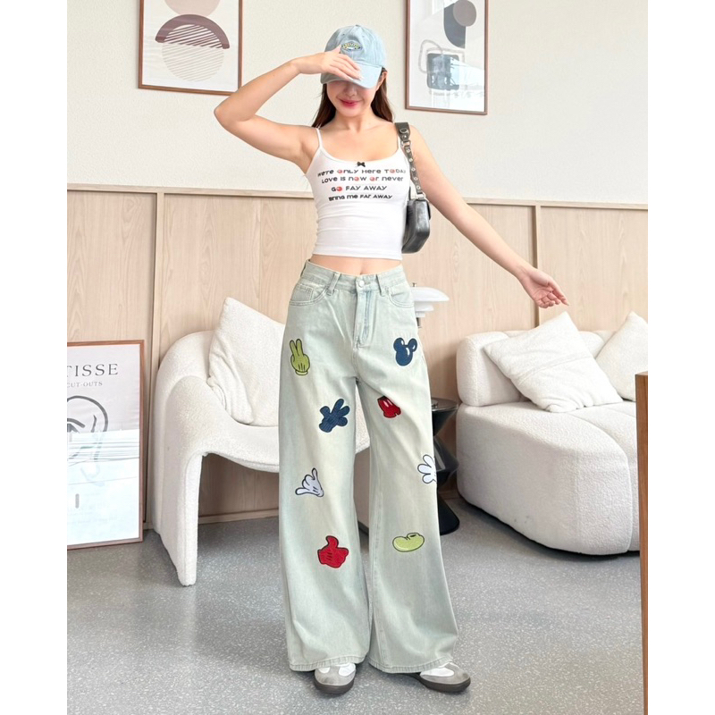 Baggy jeans กระบอกปักลายน่ารัก งานผ้าฮ่องกง มีไซส์ S-6XL เอว 24-42”