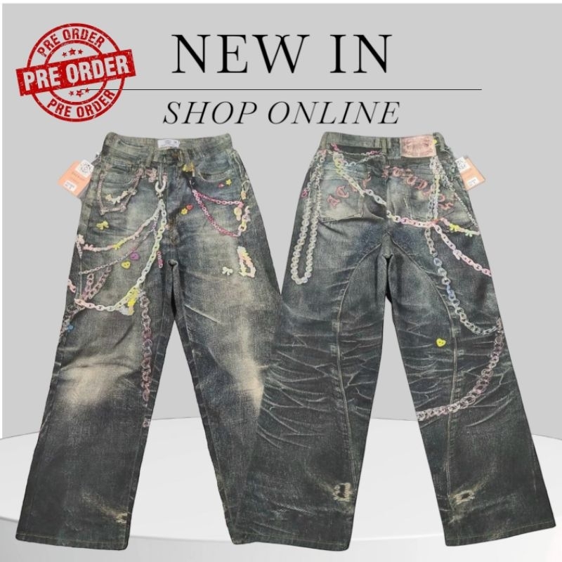 กางเกงยีนส์ขากระบอกพิมพ์ลายโซ่ งานตามหา ใส่ได้ทั้งผู้หญิงและผู้ชาย กางเกงยีนส์ผู้ชายเท่า ผู้หญิงเท่ๆ