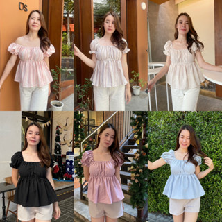 maybeshop🦋เสื้อคอเหลี่ยมแขนตุ๊กตาสม็อคตัวชายระบาย