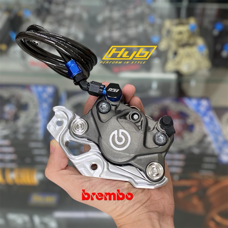 ชุดดิสเบรคหน้า ปั๊มBremboแท้ ปักข้างเทาโลโก้เงิน ชุดสายถักหัวHybแท้ พร้อมขาจับ รุ่นWave/Lead/Giorno/Grand/Vespa