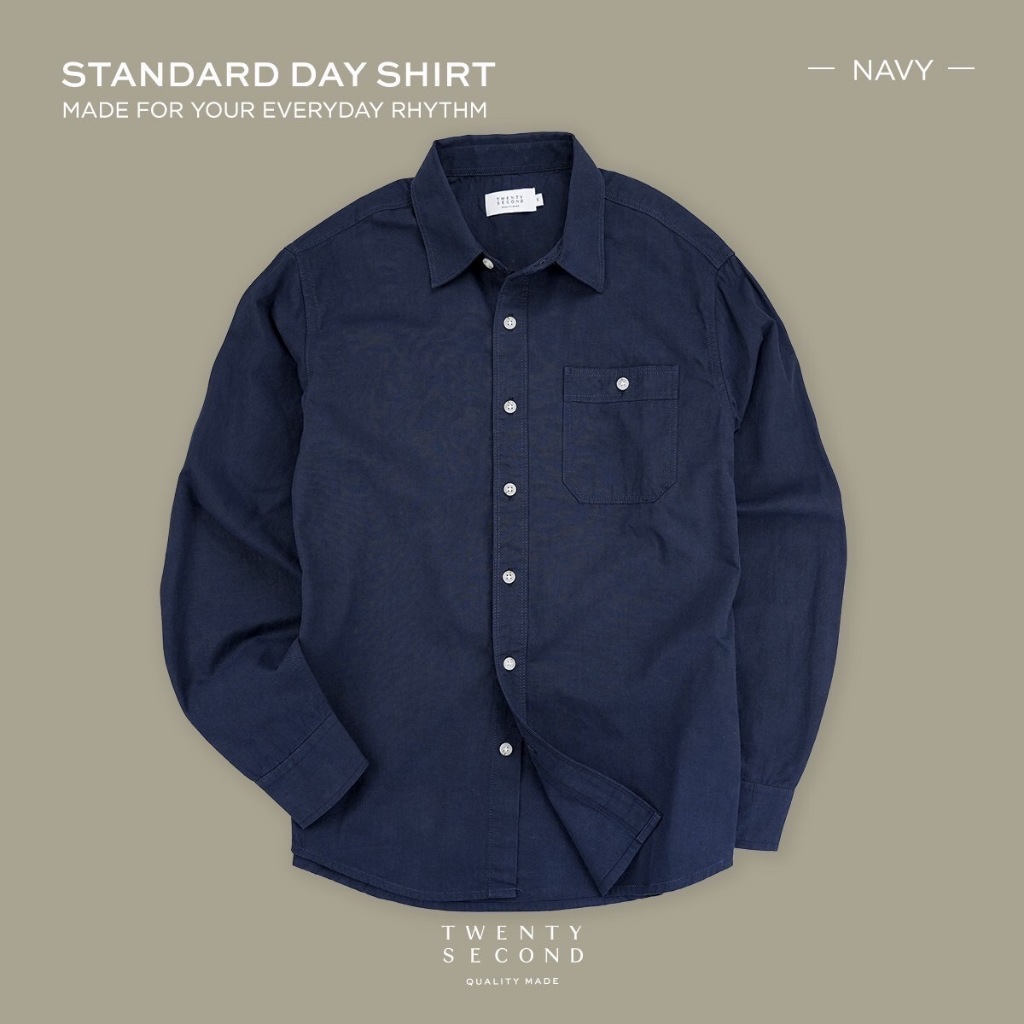 TWENTYSECOND เสื้อเชิ้ตแขนยาว ผ้าคอตต้อน รุ่น Standard Day Shirt - กรม / Navy