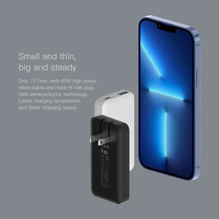 Orsen By Eloop รุ่น C13 Apapter หัวชาร์จเร็ว 2 พอร์ต GaN PD 65W (USB/Type-C) พับได้ 90 องศา