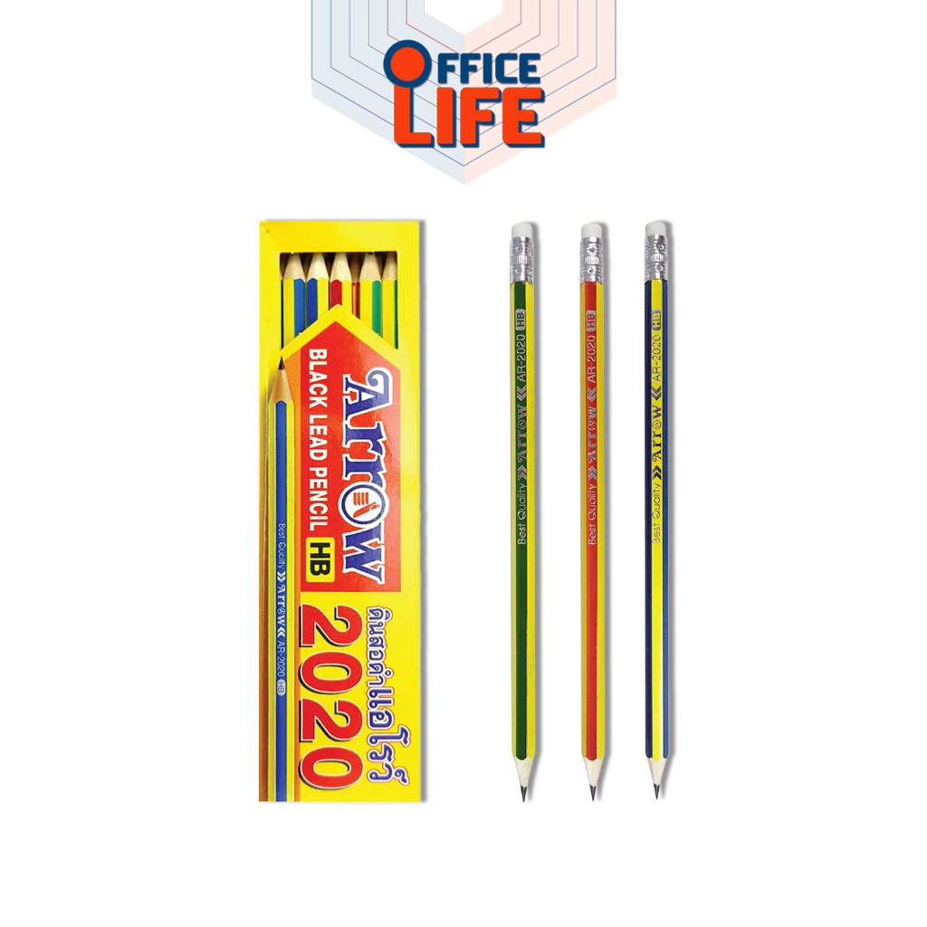 Arrow (ตราแอโรว์) ดินสอดำ แท่งเหลี่ยม มียางลบ รุ่น AR-2020 ความเข้ม HB ( 12 ด้าม / กล่อง คละสี )