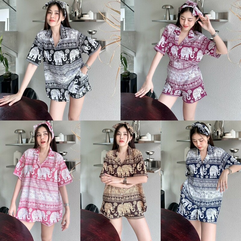 TT20779 Set ช้าง 3 ชิ้น เสื้อเชิ้ตแขนสั้นกระดุมหน้า  กางเกงขาสั้น