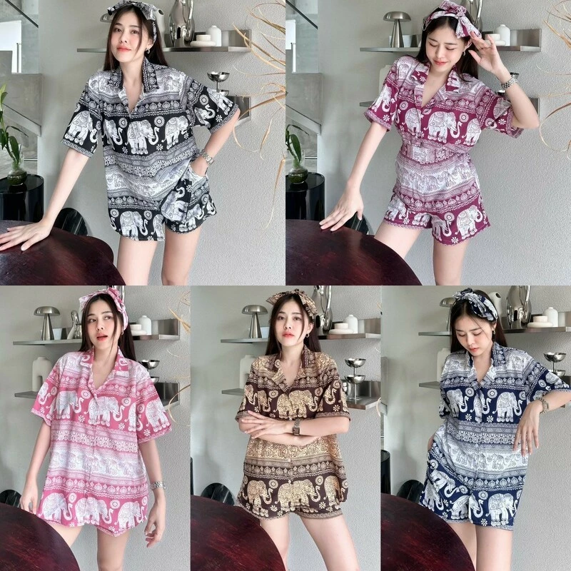 TT20779 Set ช้าง 3 ชิ้น เสื้อเชิ้ตแขนสั้นกระดุมหน้า กางเกงขาสั้น
