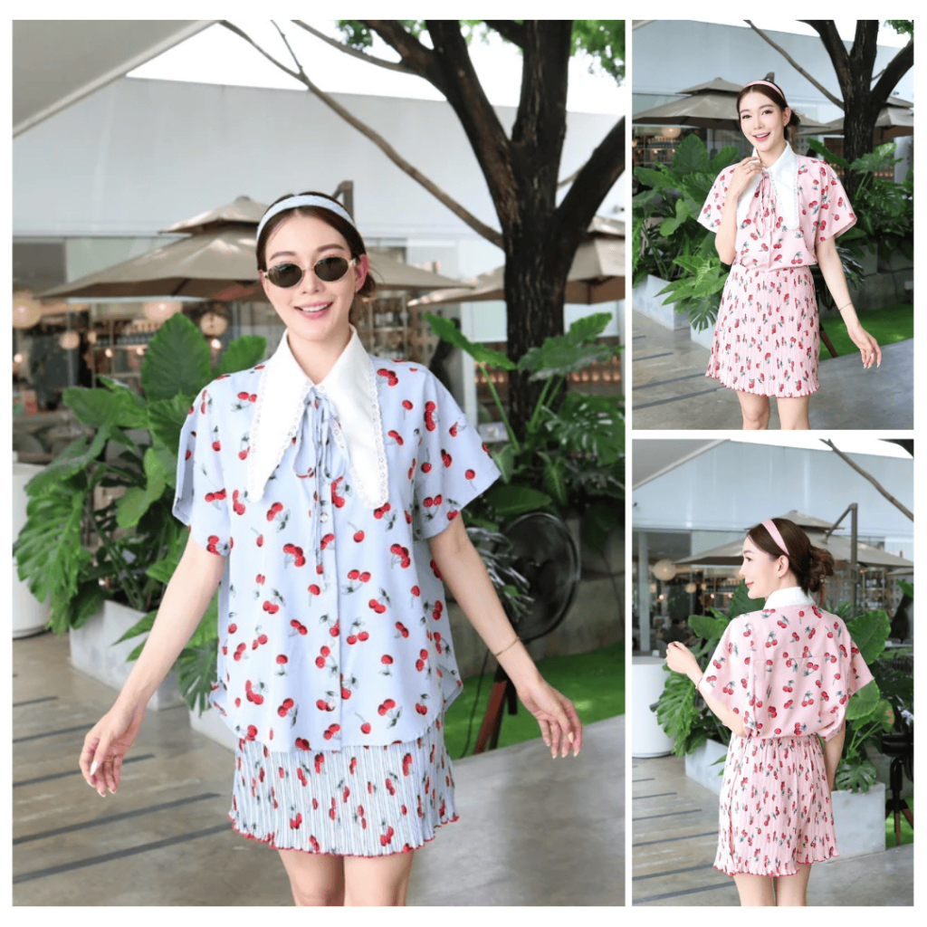 ชุดเช็ทรุ่น Cherry Hug 2 ชิ้น (เสื้อ + กางเกงกระโปรง)