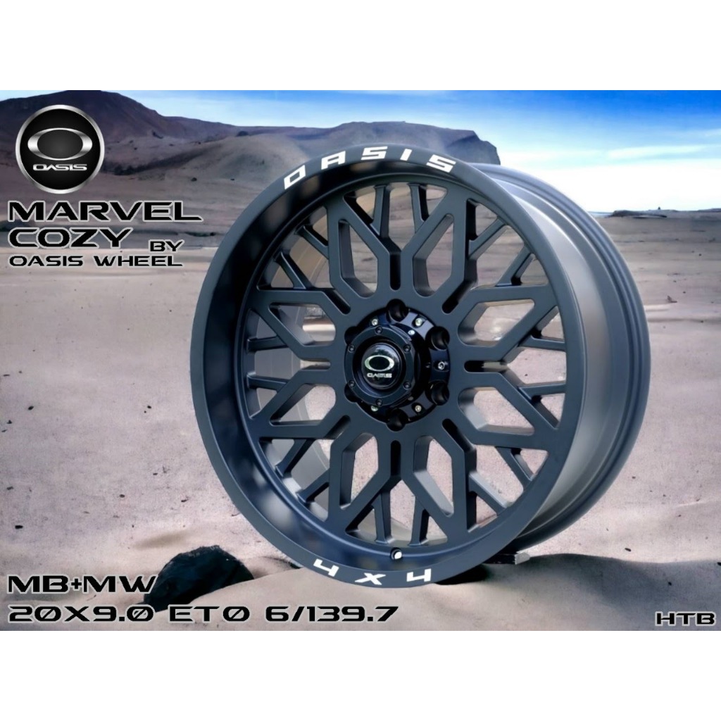 ล้อแม็ก OASIS MARVEL COZY ขอบ 20 นิ้ว 6รู139.7 ดำด้านลุคเข้ม พร้อมคำสลัก OASIS & 4X4 รอบวง