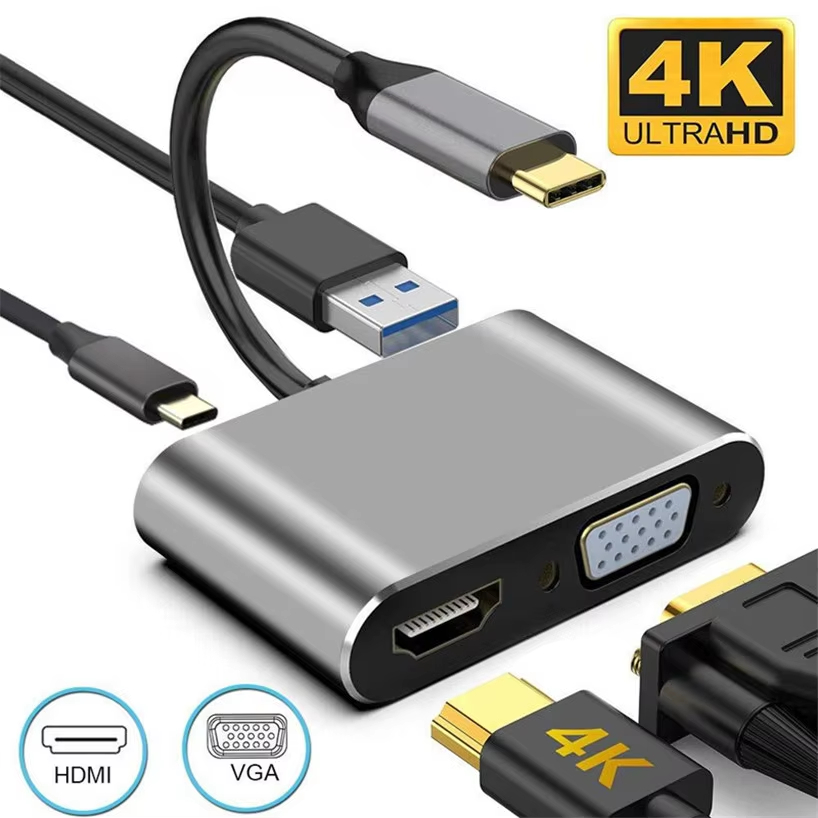 USB Type-C ဟပ် (4-in-1) HDMI/VGA + USB 3.0 Digital AV Multiport Adapter (USB-C PD ထောက်ပံ့)
