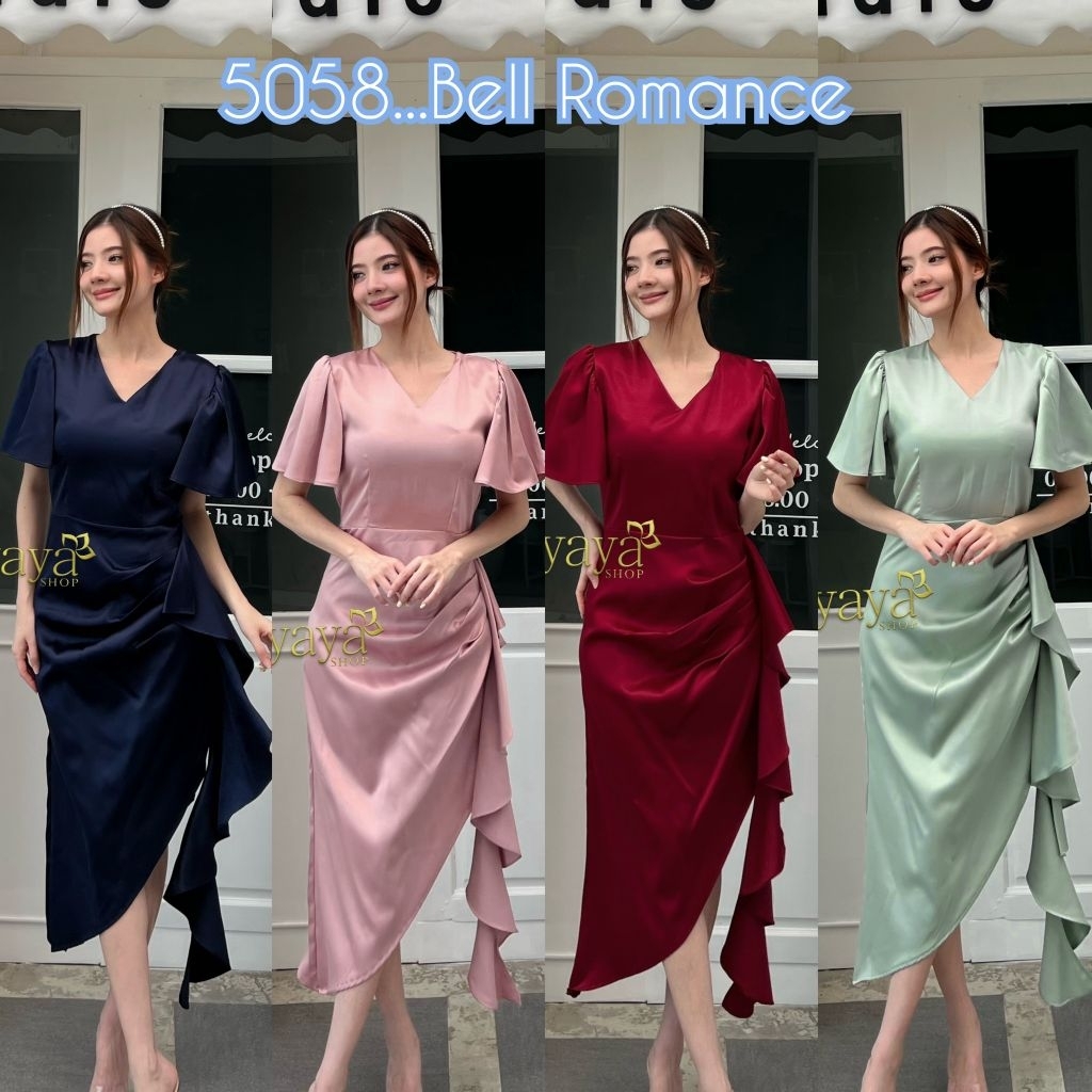👗C:5058;ไซส์S-4XLชุดเดรสออกงานรุ่นBell Romance ชุดเพื่อนเจ้าสาว ตัวปังคอวีแขนระบายพรางแขนแต่งจีบด้านหน้าพรางหน้าท้อง