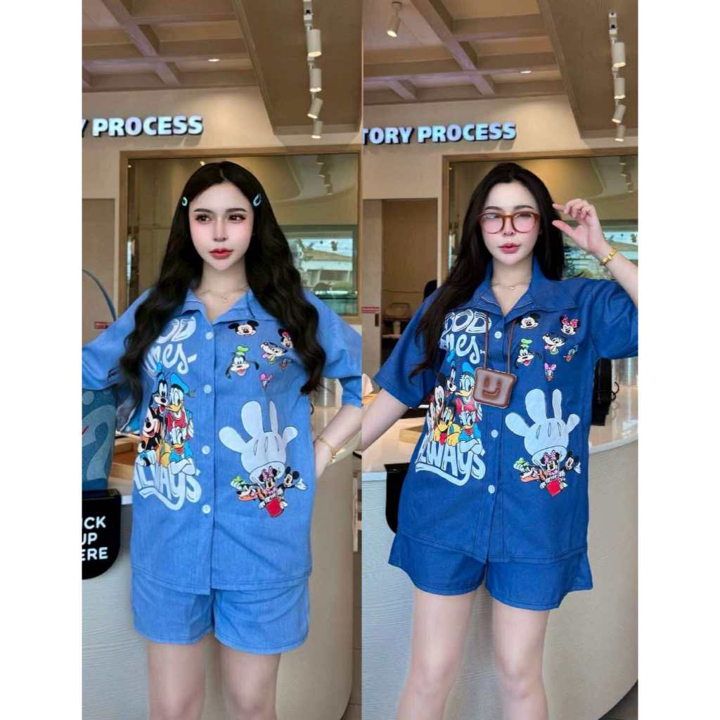 มาใหม่จ้า น่ารักมาก OT ชุดเซ็ต 2 ชิ้น ผ้ายีนส์เทียมอย่างดี เสื้อเชิ้ตแขนสั้น ลายหนูกับลายแมว + กางเกงขาสั้นมีกระเป๋าข้าง