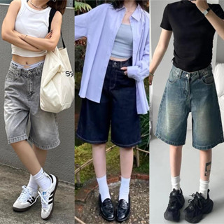 กางเกงยีนส์เอวสูง กางเกงกระบอก สไตล์อเมริกา ขากว้าง ขาสั้น7ส…