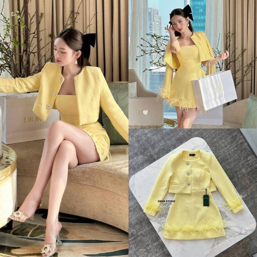 Swan เซทเสื้อคลุมแขนยาวผ้าทวิต แต่งกระดุมเพชรดอกไม้ - รูปที่ 3