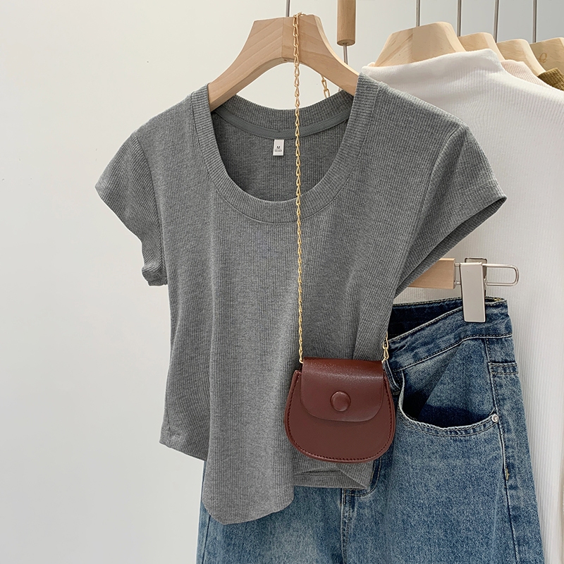 Y6Y - เสื้อยืดแขนสั้นทรงสลิมฟิตสีเทาสำหรับผู้หญิง - เสื้อครอปเซ็กซี่แฟชั่นฤดูร้อนใหม่