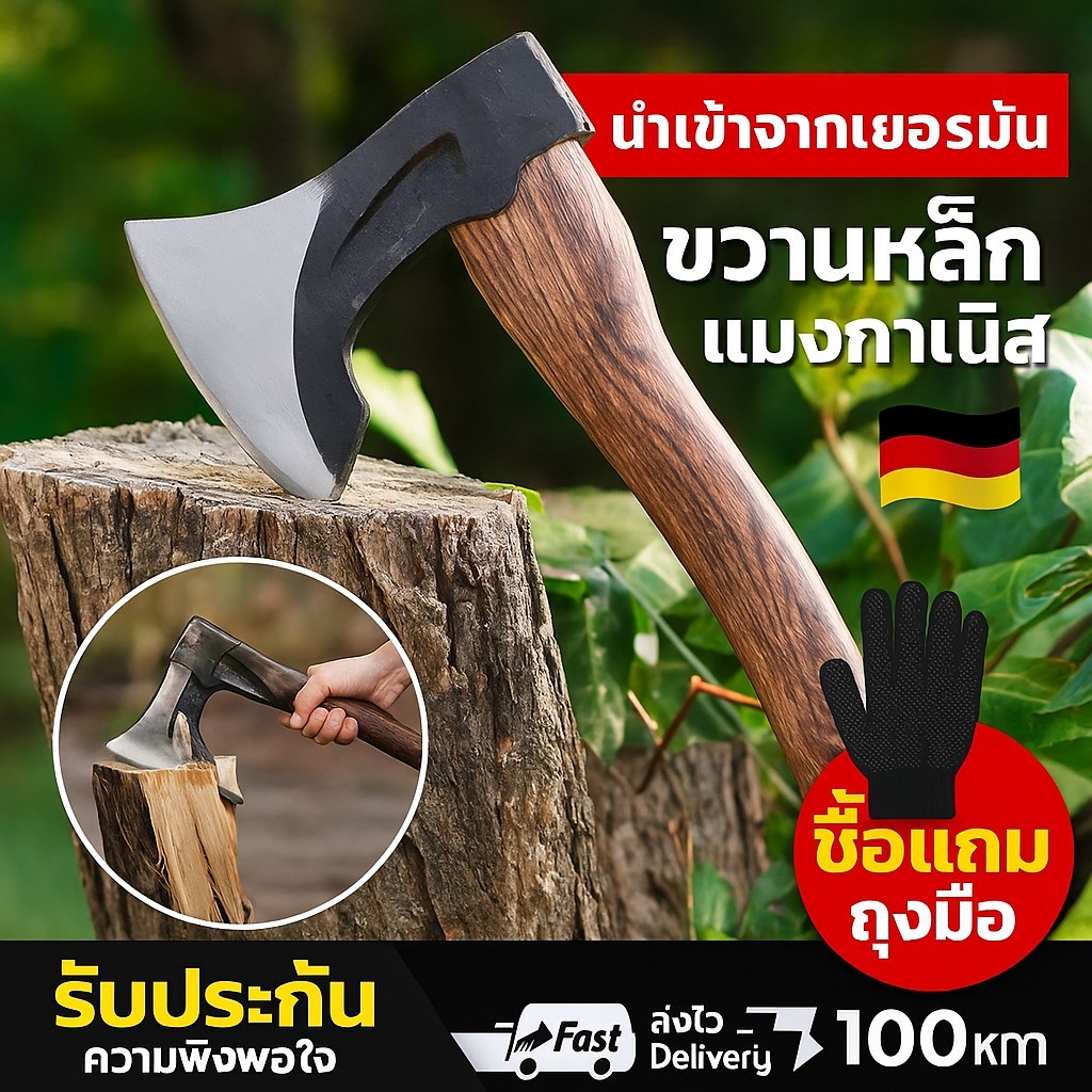 【นำเข้าจากเยอรมัน】ขวานตัดไม้ ขวานเหล็กแมงกานีส แข็งแรง ทนทาน ไม่เป็นสนิม อุปกรณ์ทำสวน เดินป่า