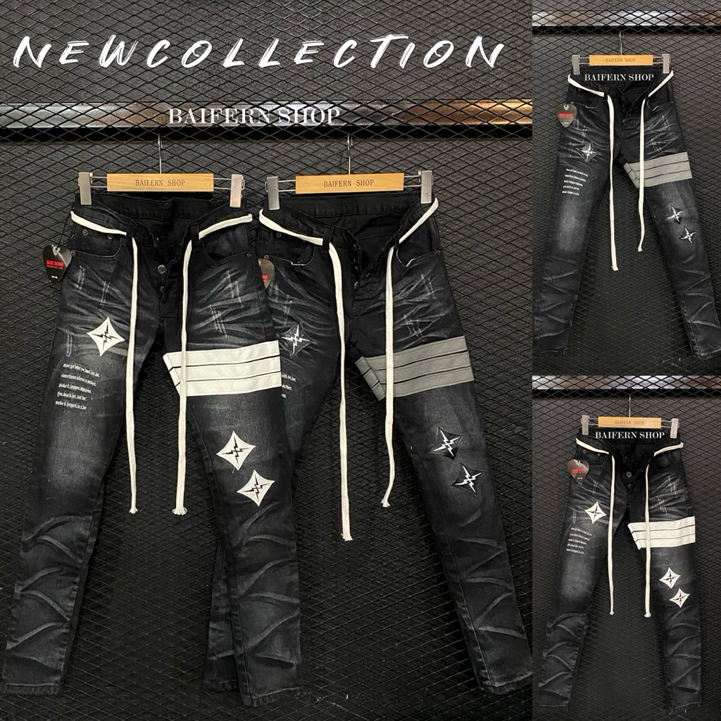 ร้าน BAIFERN SHOP [D002] กางเกงยีนส์ขาเดฟ ปักลายดาว แต่งแถบหนังรอบขา แถมเชือกฟรี