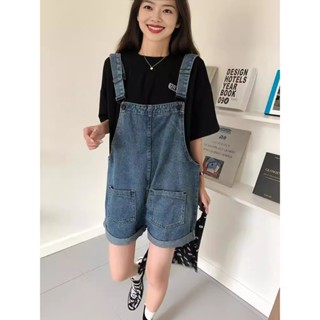 ส่งจากไทย ส่งไวมาก เอี๊ยมยีนส์ขาสั้น  ทรงหลวม สีเข้ม กางเกงข…