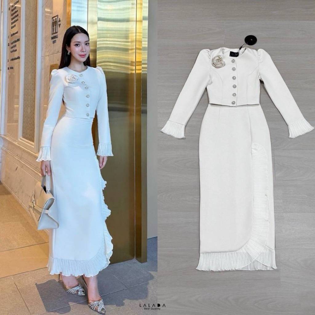 LALADA BRAND LLD001 ชุดเซต 2 ชิ้น เสื้อสีขาวแขนยาว แมทช์ กระโปรงยาว