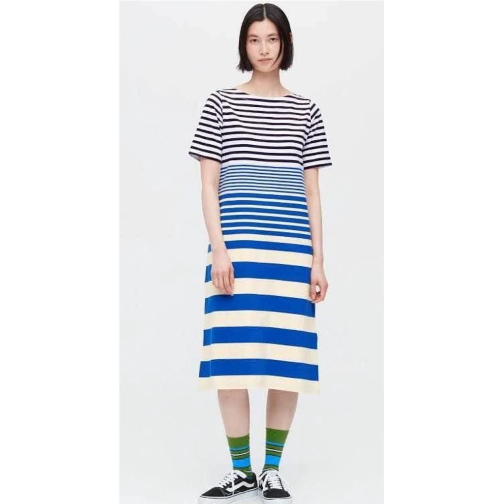 Uniqlo x Marni Short Sleeve Dress เดรสลายสลับสี ผ้าคอตตอนยืด แบรนด์ Uniqlo x Marni