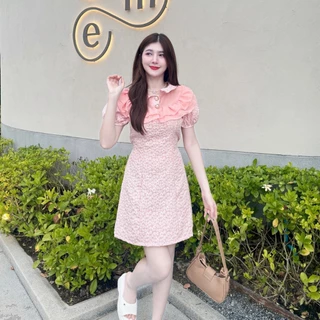 สินค้าพร้อมส่ง เดรสผ้าลัคชู ใส่ออกงาน งานบุญ งานบวช แขนตุ๊กตา คอปก กระดุมมุกแต่งระบายอกผ้าซีฟองพร้อมสายผูกเอว A1969