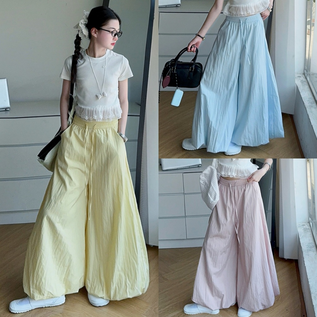 กางเกงทรงบอลลูนผู้หญิง กางเกงลำลอง สไตล์เกาหลี น่ารัก สีพื้น เอวยางยืด ทรงหลวม