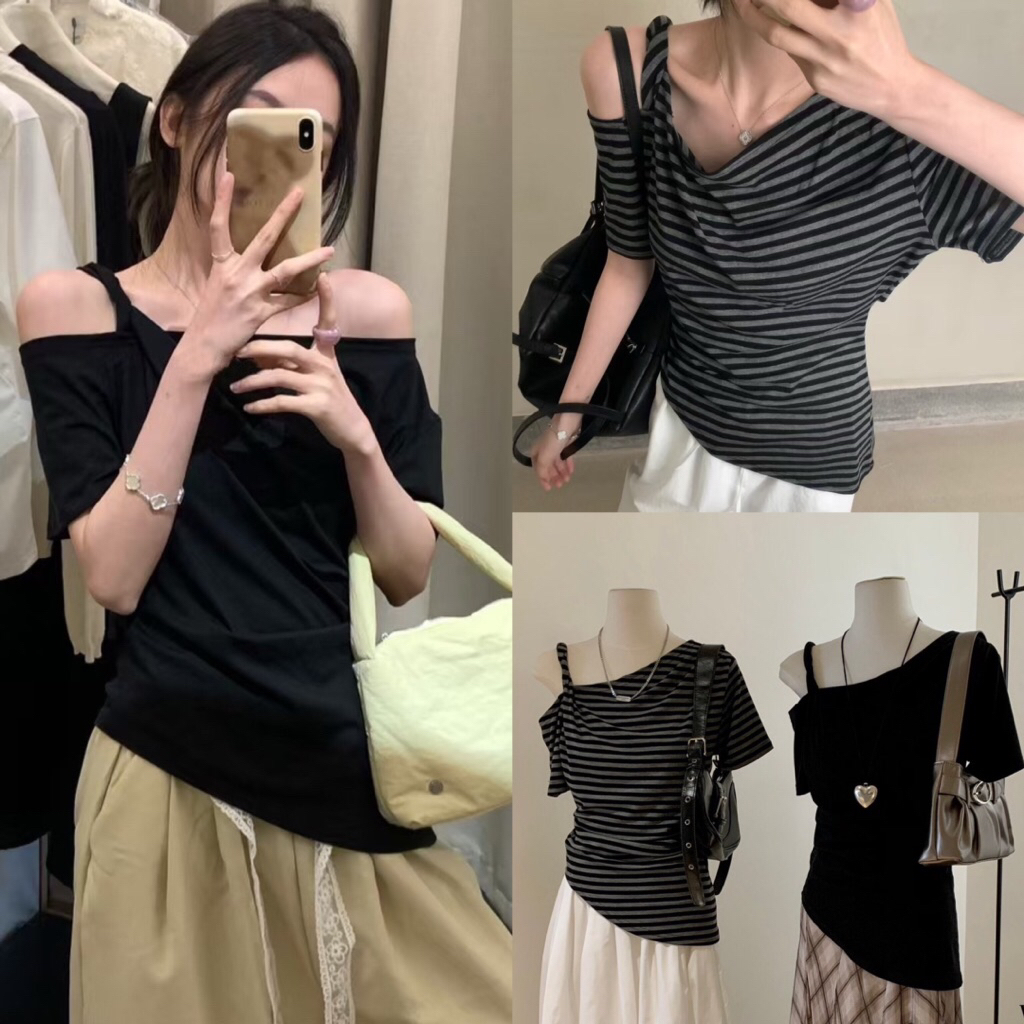 เสื้อปาดไหล่แต่งสายจับจีบช่วงเอวรุ่น 5779 TAG.WG.WE🇰🇷