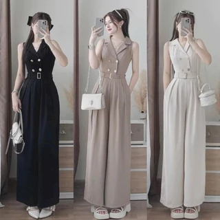 พร้อมส่ง จั๊มสูทยาว ผ้าวูลเวฟ ดีไซน์หรูหรา แขนกุด แต่งกระดุมหน้าพร้อมสายเข็มขัด