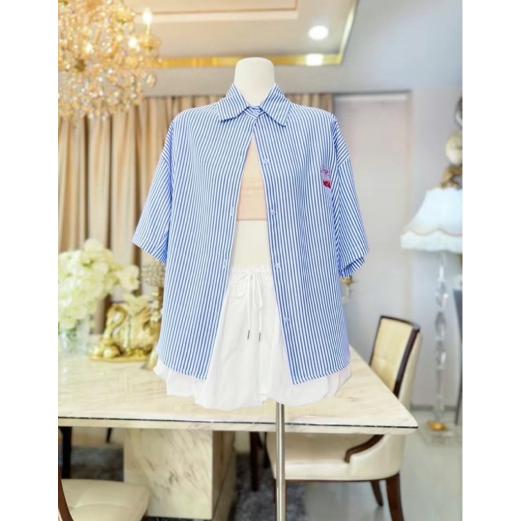 Z04.เสื้อเชิ้ต โอเวอร์ลายทางรุ่นปักเชอรี่ อก48“ - รูปที่ 3