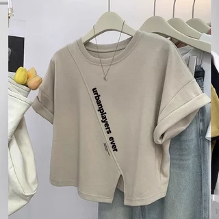 เสื้อครอปคนอ้วนไซส์ใหญ่ oversize เสื้อผ้าสาวอวบคนอ้วนน่ารัก เสื้อยืดสวยๆผู้หญิงแขนสั้นแบบหลวมสไตล์เกาหลี สกรีนลายวินเทจ