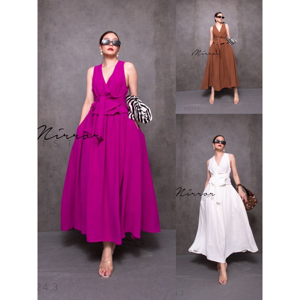 •MIRRORSISTER• MRST 50224.3 เซ็ทเสื้อคู่กระโปรงเก๋มาก!! ช่วงบนเป็นเสื้อแขนกุด คอวีอกไขว้ทับกัน ช่วงเ