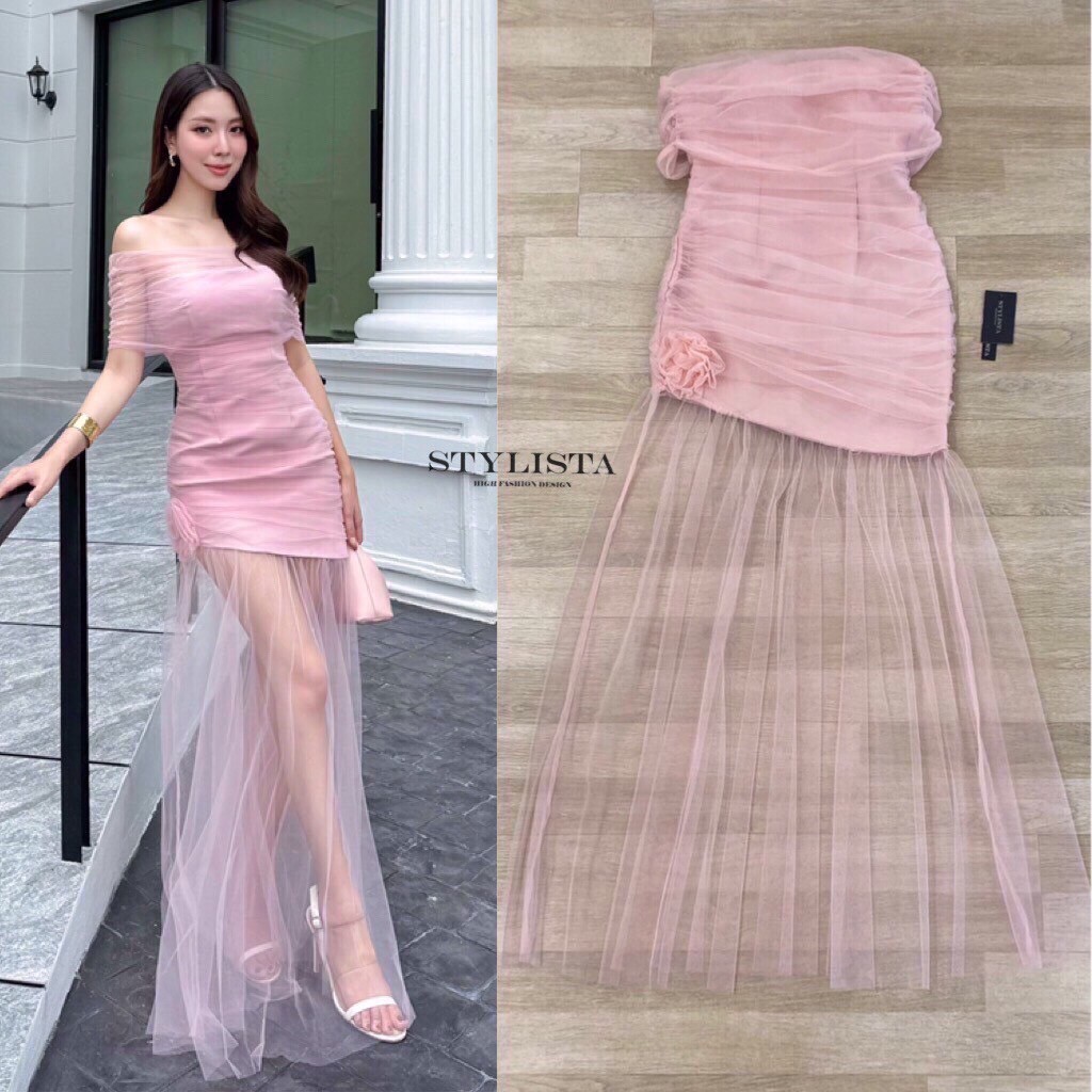 STYLISTA เดรสสีชมพูชายผ้าซีทรู-Pink(*สอบถามสต๊อกก่อนกดสั่งน๊า)
