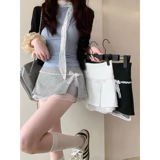 STR พร้อมส่ง🍑💞กระโปรงมินิ แต่งลูกไม้ ติดโปว์ กระโปรงสั้นทรงเอ ทรงรัดรูป มีกางเกงซับใน สีพื้น Y2K Skirt เซ็กซี่สุดๆแก๋ๆ