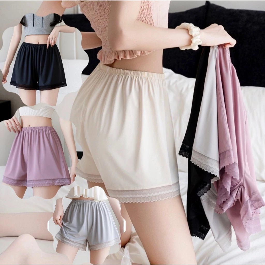 C10 กางเกงขาสั้น M-4XL ขอบขาลูกไม้ ซับใน ใส่นอน ผ้านิ่มสีพื้นใส่สบาย เอวยืดหยุนดี พร้อมส่ง กางเกงไซส์ใหญ่ กางเกงคนอวบ