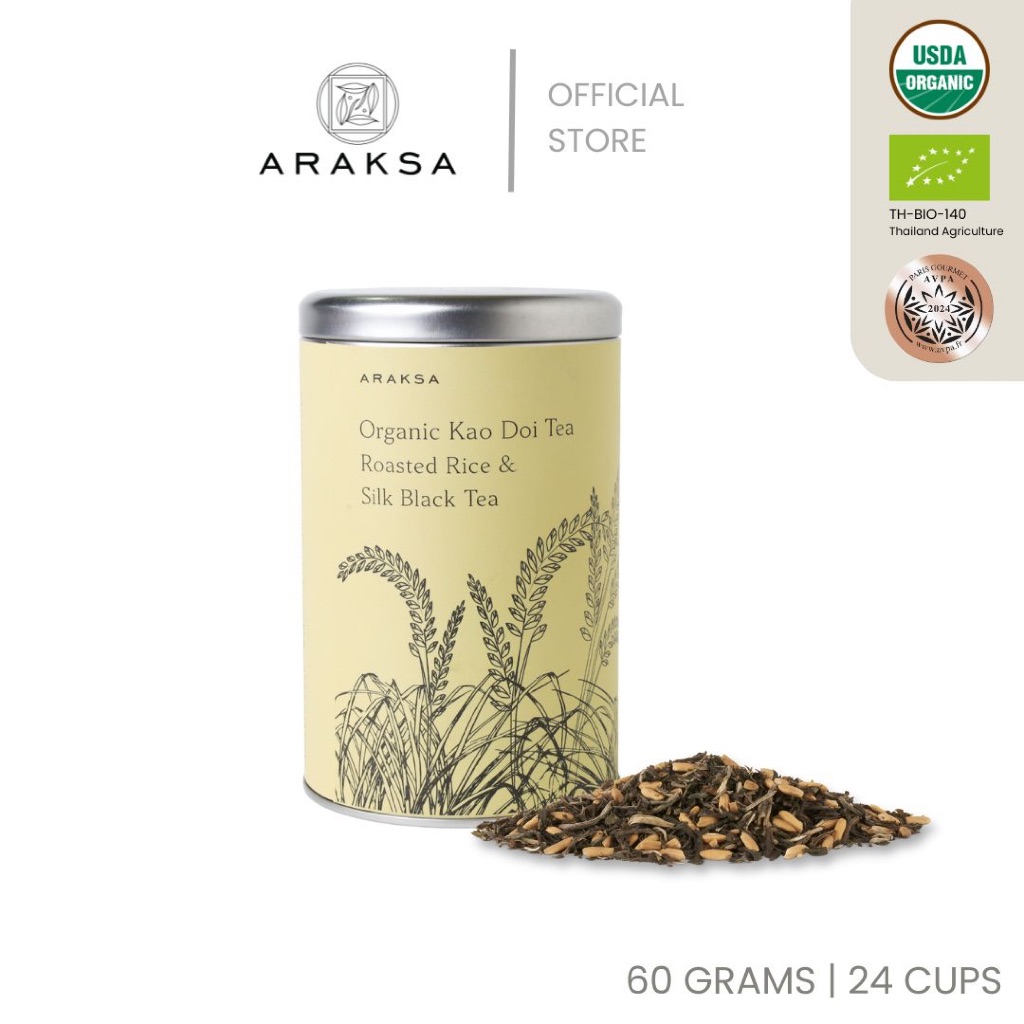 Araksa - "ข้าวดอย" ชาดำข้าวคั่วออร์แกนิค บรรจุกระป๋อง ขนาด 60 กรัม | Araksa Kao Doi Blended Tea | USDA & EU Organic Tea