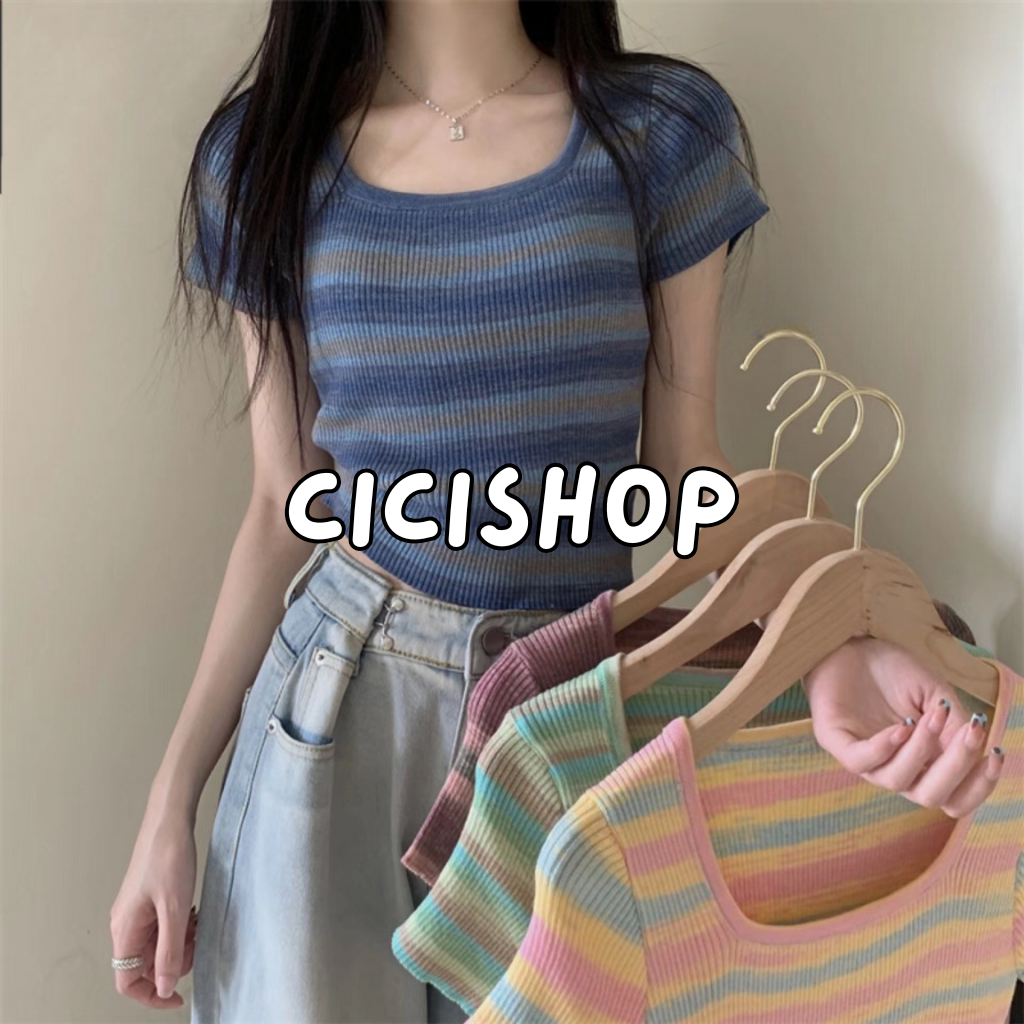 Cicishop(W103)เสื้อครอปแขนสั้นไหมพรม คอเหลี่มลายทางน่ารักมากก