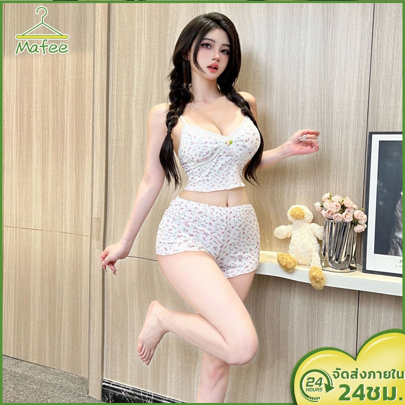 🎀เซตชุดนอน บอดี้สูทเซ็กซี่ กระโปรงลายดอก คอวี สายสะพายไหล่ปรับได้ มีซับหน้าอก ลายดอกไม้ จัดส่งจากประเทศไทย