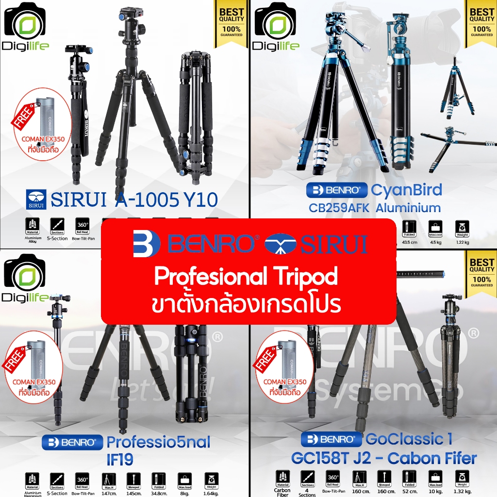 ขาตั้งกล้องเกรดโปร Benro Tripod IF18+, IF19, GA157F, GA168TB1, GA169TB1, CB259AFK, CB259CFK,GC158TJ1