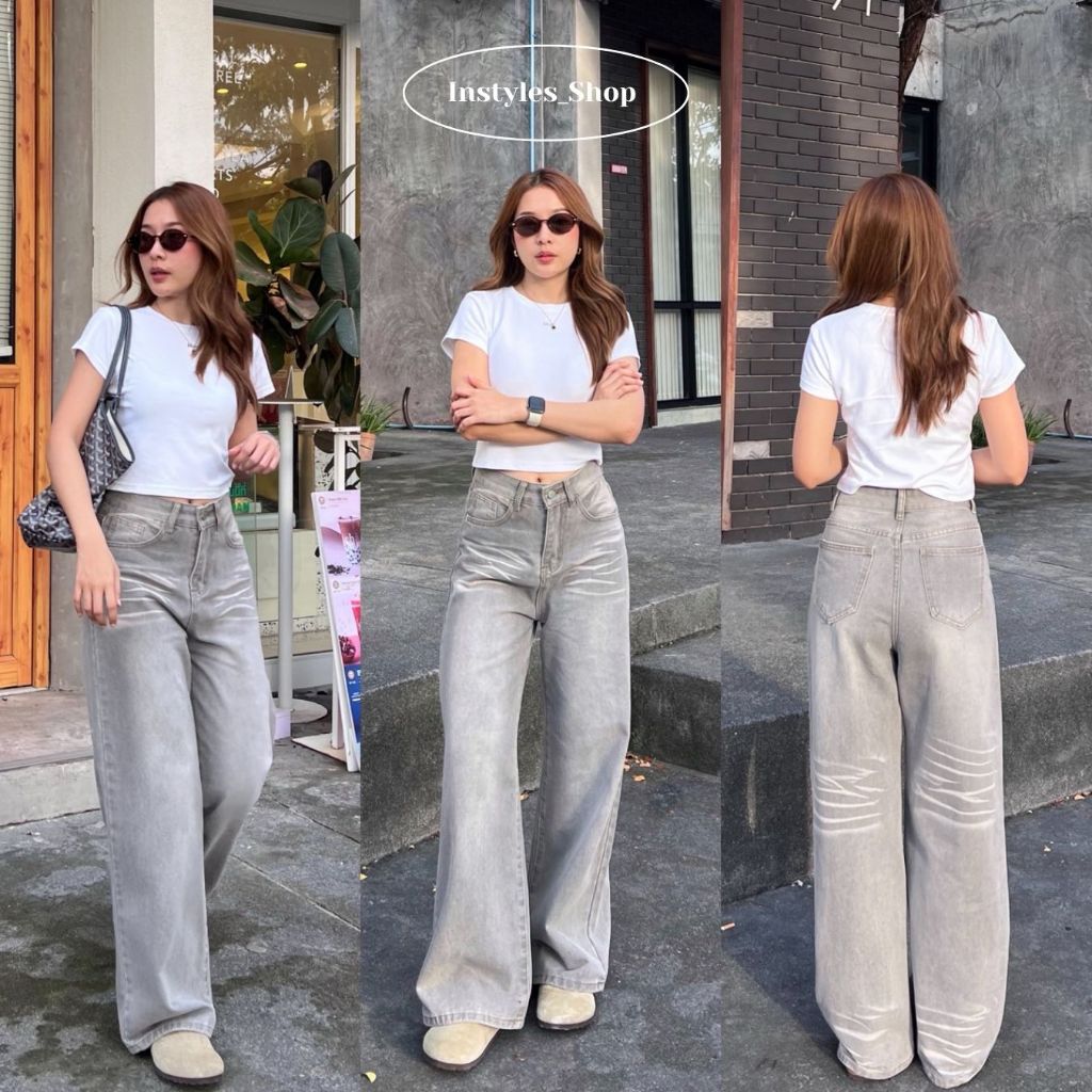 Instyles_Shop – Ronnie Jeans กางเกงยีนส์ขากระบอกใหญ๋ สไตล์ Baggy Jeans สีเทาฟอกแต่งเฝด