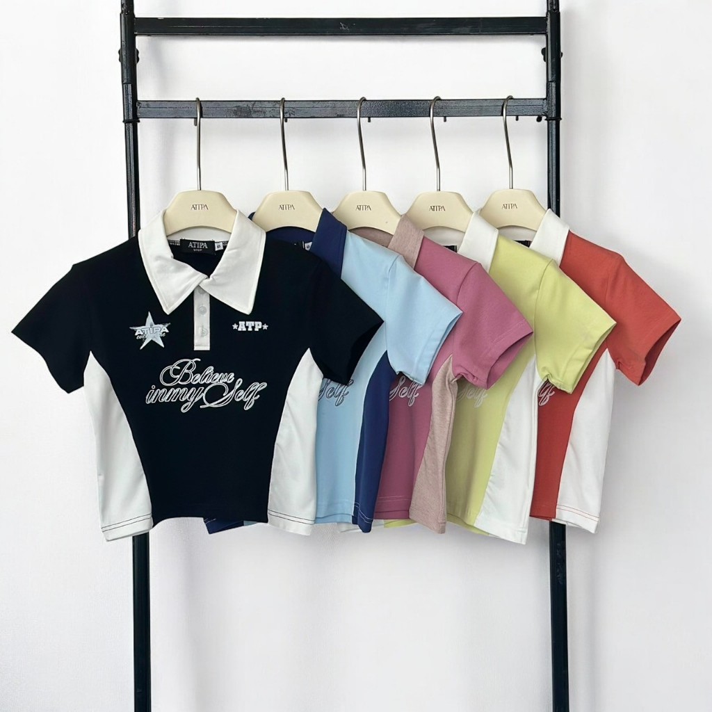 Atipashop - ATP STAR POLO เสื้อครอป คอปก สกรีนลาย กระดุมหน้า